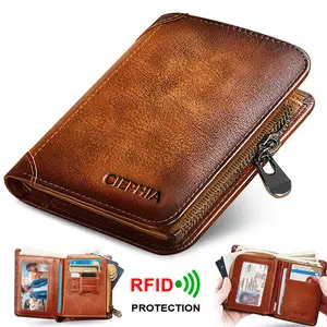 Cowhide Leather Wallets for Men Vintage Short Multi Function Purse RFID Blocking Protection Zipper Coin Pouch ID Credit Card Holder Genuine Leather Money Bag
