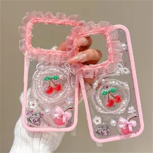 Pink Lace Cherry Heart Transparent Case For iPhone 17 16 15 14 13 Pro Max Plus Shockproof Luxury Cover
