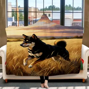 1pc Black Shiba Inu Running Wearable Hooded Blanket, Giant Oversized Flannel Poncho for Adults, Super Soft Digital Print Cloak for Lounging, Gaming, Watching TV, Reading, Napping, All-Season Warm, Cozy Hooded Blanket