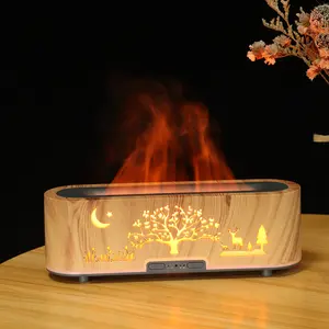 Compact Wood Grain Flame Humidifier - Hollow Elk, Forest Theme, 250x86x69mm, Flicker Light Moon Night Light, Portable Mist Diffusion Aroma Diffuser for Home, Bedroom Ambiance