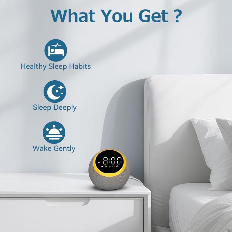 Sound Machine Alarm Clock for Sleep: Digital Alarm Clocks for Bedrooms, 25 Soothing Sounds, 7 Gentle Wake-up Sounds, 16 Adjustable Volume & Timer, Memory Function (Gray)