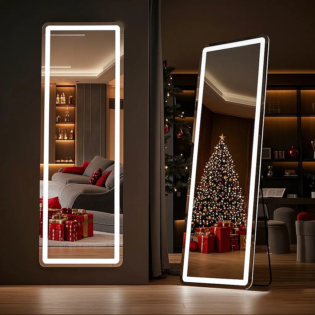Full Length Floor Mirror with LED Lights 64"x21", Shatterproof Standing Leaning Mirror, 3-Color Dimmable Wall Mounted Mirror for Bedroom