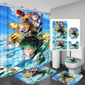 My Hero Academia Anime Print Shower Curtain Set, Includes 12 Hooks, Waterproof, Non-Slip Mat, U-Shaped Toilet Pad, Ideal Gift