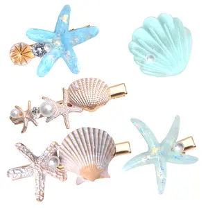 5pcs Shell Pearl Starfish Hair Clips Princess Enamel Alligator Hair Clip Resin Beach Seastar Rhinestone Hairpins Headpiece Hair Accessories for Women Lady Bride Headwear Styling Tool