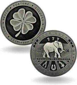 Two Sided Lucky Coin Featuring One Side with a Four Leaf Clover and One Side with Elephant and Lucky Symbols - 1.5 inches