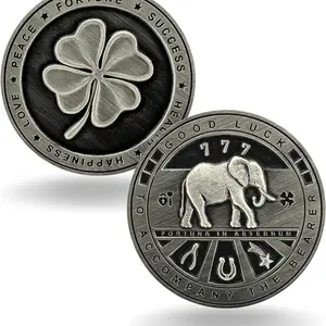 Two Sided Lucky Coin Featuring One Side with a Four Leaf Clover and One Side with Elephant and Lucky Symbols - 1.5 inches
