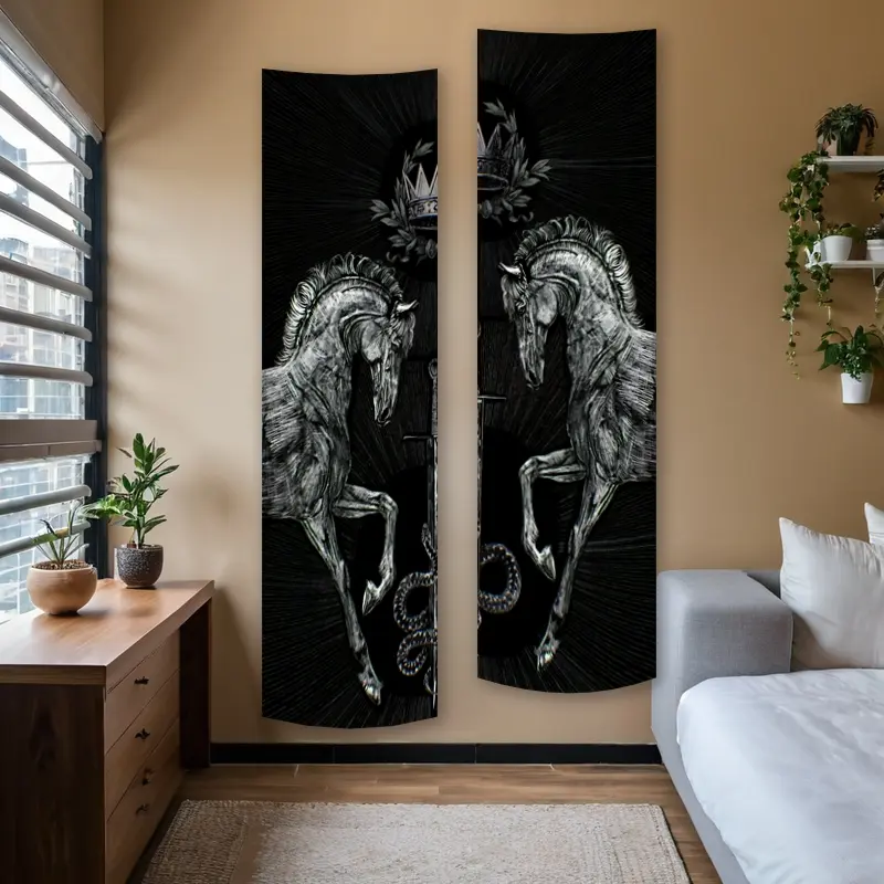 Horse Crown Sword Pattern Vertical Banner Trippy Tapestry Wall Hanging Snake Dark Long Narrow Wall Tapestry Black And White Aesthetic Art Tapestries, Decorative Tapestry, Gifts For Goth Home Decor Enthusiasts Polyester Stitched Edges Home Decor