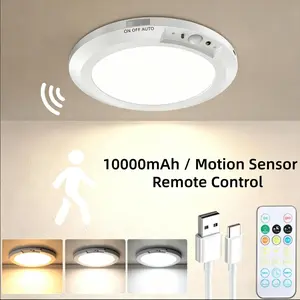 Rechargeable Motion Sensor Ceiling Light with Remote – 10000mAh Battery Powered Magnetic Wireless LED Light for Closet Shower Stairs Shed Hallway Porch Patio Garage ect, 3 Color 10-Level Dimmable, No Wiring