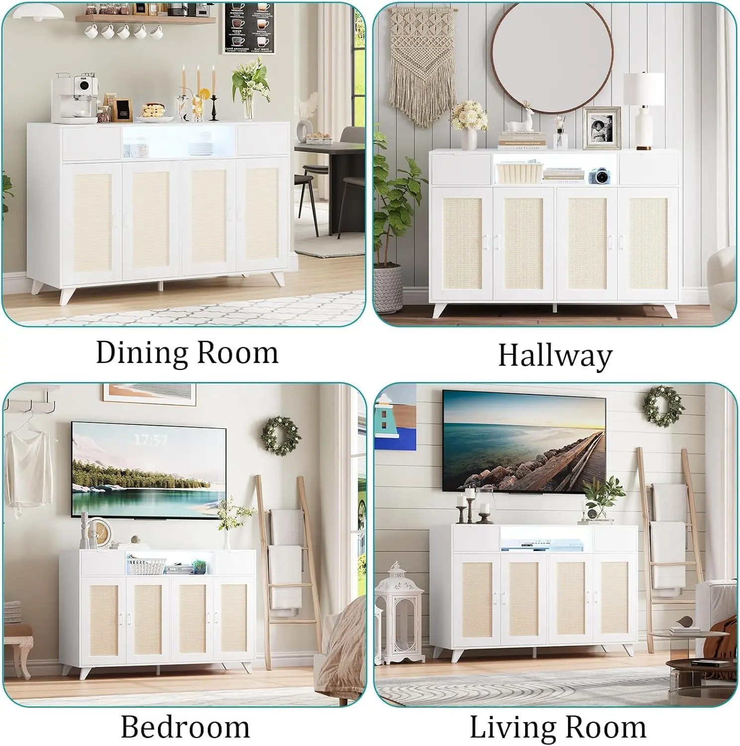 Classic Natural Rattan & Metal Sideboard Buffet Cabinet - Multi-Functional TV Stand with 4 Rattan Doors, 2 Drawers, AC Power Outlets, USB Charging Ports, LED Lighting, Adjustable Shelves, Anti-Tip Kit, Smooth Lines, Wall Mounting for Dining, Living Rooms