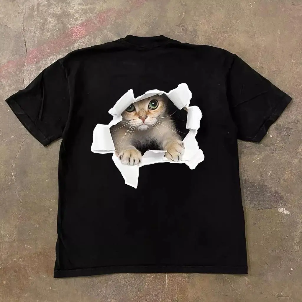 Korean Style Cat Graphic Oversized T-Shirt | White Unisex Streetwear Tee | 100% Cotton Short Sleeve Casual Shirt for Men & Women | Trendy Fashion Top | SKU qmxtrplazv