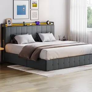 Hydraulic Lift-Up Storage Bed with LED Lights & Charging Station, Upholstered Platform Frame with Noise-Free Metal Structure & Sturdy Slats for Bedroom, Guest Room & Small Spaces