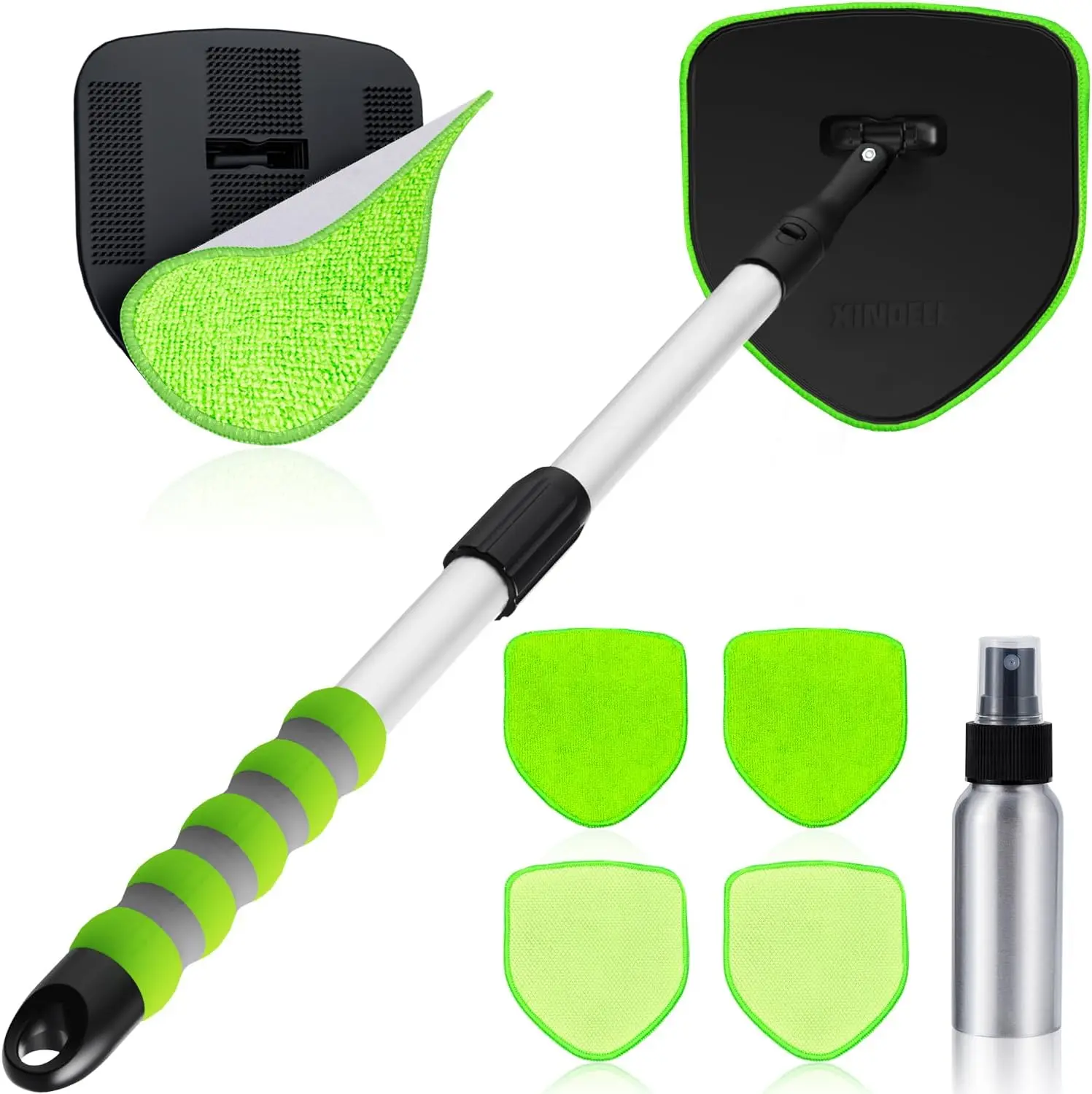 Windshield Cleaner Tool, Car Window Cleaning Kit with 4 Reusable Microfiber Pads, Extendable Handle & 360° Rotating Head, Safety Hammer, Streak-Free Auto Glass Wiper for Car Truck SUV RV