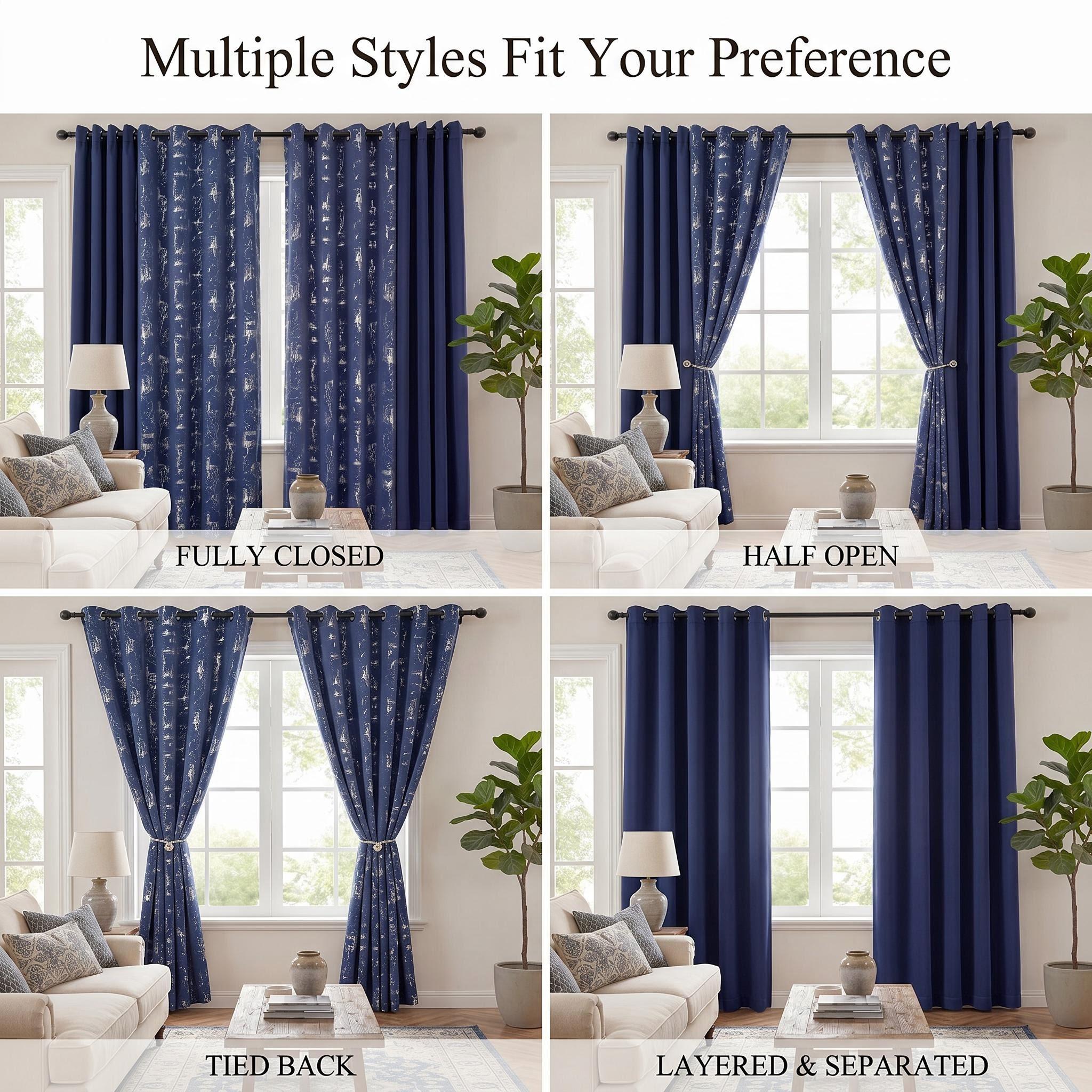 4-Panel 52"x84" Grommet Curtains Combo (2 Solid Blackout + 2 Foil Metallic Printed), Thermal Insulated Noise-Reducing Window Drapes, Room Darkening for Bedroom Living Room, Machine Washable QF222 & QF639, Blackout Curtains