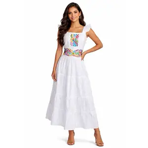 Isa Dress - Hand Embroidered Mexican Dress Elastic Back Elegant Long Dress Made in Mexico