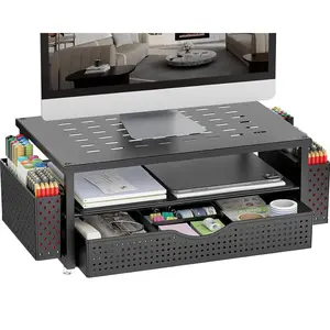 Elegant Monitor Stand with Sliding Drawer & Two Pen Holders Desktop Organizer for Office & Dormitory Use with Ventilation & Non-Slip Pads