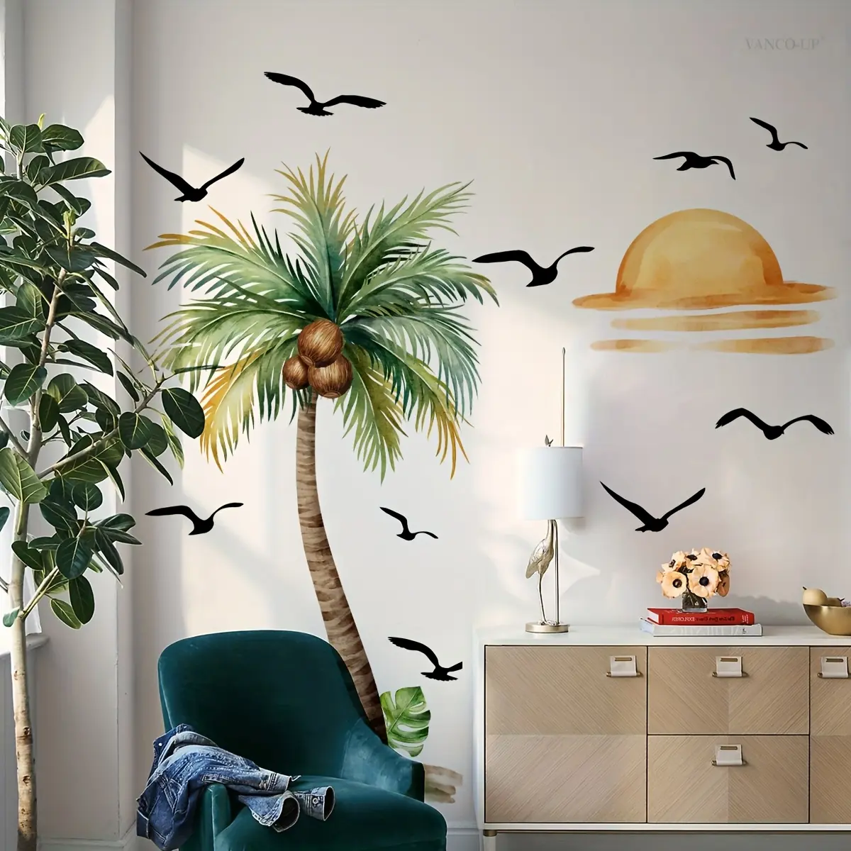 A set of two (30*90cm*2pcs) hand-painted beach, flying birds, coconut tree summer Decorative wall stickers, Wall Stickers Decorations, for home decoration wall decals (M19013-NC)