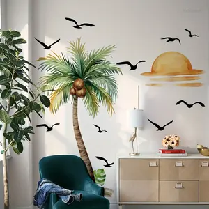 A set of two (30*90cm*2pcs) creative hand-painted beach, flying birds, sunset, coconut tree summer wall stickers for living room and bedroom decoration, background beautification wall decals (M19013-NC)