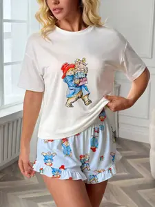 2-Piece Cartoon Paddington Bear Print Women's Pajama Set, Womenswear, Pjs, Short Sleeve Round Neck Soft Top and Elastic Waist Shorts, Cute Fashion Sleepwear, Loungewear