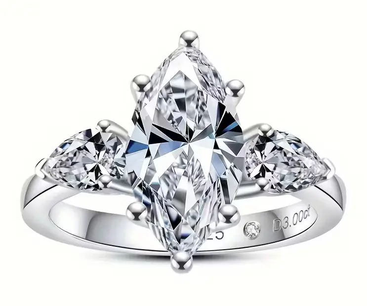 S925 Sterling Silver 3CT Marquise Cut Moissanite 3-Stone Ring, Teardrop Side Stone Band, Luxury Timeless Women's Engagement Promise Ring