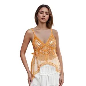 Women's Rivet Tank Tops Stylish Sequin Side Tie Sheer V Neck Spaghetti Straps Camisoles for Summer