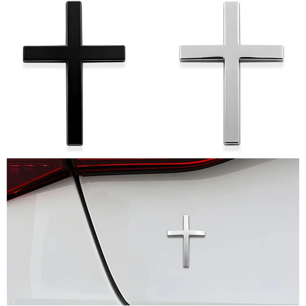 2PCS 3D Metal Cross Car Emblems, 2.5x1.8 Inch Alloy Jesus Christ Badges, Self-Adhesive Auto Body Fender Decals for SUV, Truck Exterior Decor