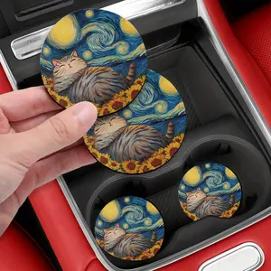 2pcs Starry Night Cat Design Absorbent Rubber Car Coasters - Non-Slip, Van Gogh Art Inspired Print, Durable & Stylish for Car Interiors, Vehicle Drink Protection | Starry Night Theme | Synthetic Rubber Coasters, Car Drinkware | Artistic Drinkware | Nonsli