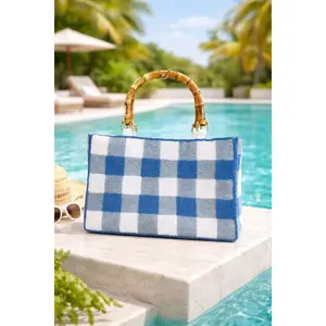 Hand Beaded Gingham Bag with Bamboo Handle | Blue & White Summer Purse | Artisan Made Statement Handbag | Max & Margaux Exclusive