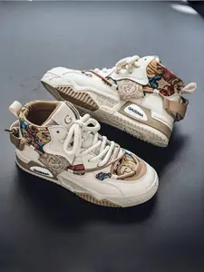 High - Top Sneakers - Leather and Fabric Blend, for Casual and Streetwear - Stylish with Unique Pattern and Comfortable Fit, Sports Shoes