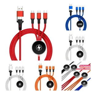 USB Fast Charging Cable，Nylon Braided 5-In-1 Multi Device Cord With Glowing LED Brand Logo for Apple and Android Smartphones and Daily Household Charging