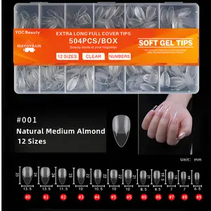 Almond Gel Nail Tips, 504PCS Pre Etched Clear Fake Nails Tips Medium Almond Shape - 12 Sizes Full Cover Soft Acrylic Press On Nail Extensions No C Curve Gift for Diy at Home