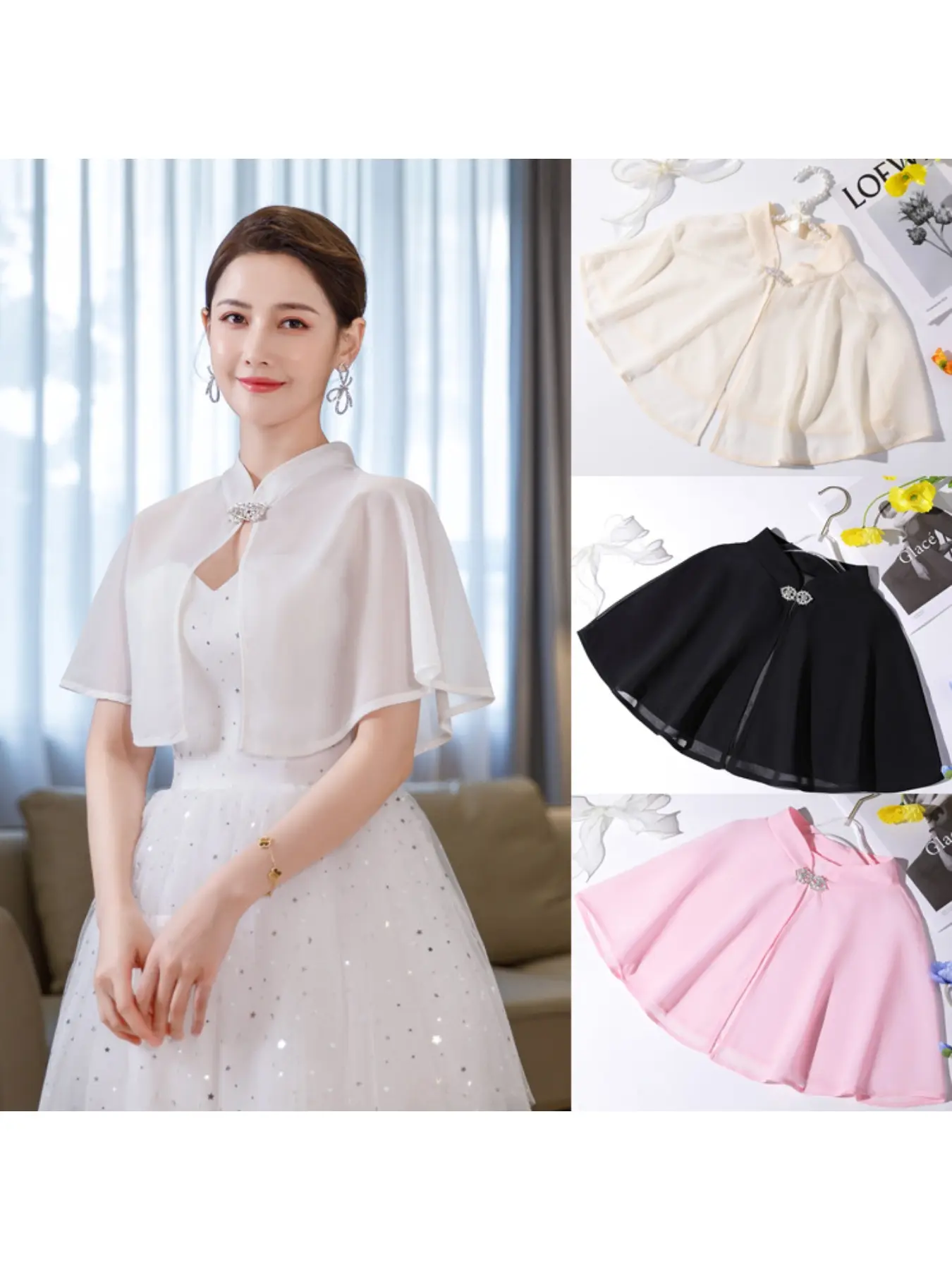 Spring and summer chiffon shawl Casual multi-color women's wedding dress cheongsam short cape diamond button thin sun protection photography Lady