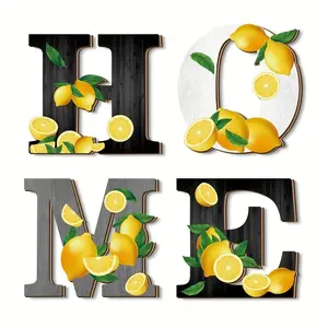 4 Piece Welcome Summer Lemon Wooden Wall Decor, Vintage Rustic Design Home Letter Signs, Beach House Decoration, Living Room Kitchen Bedroom DIY Stickers