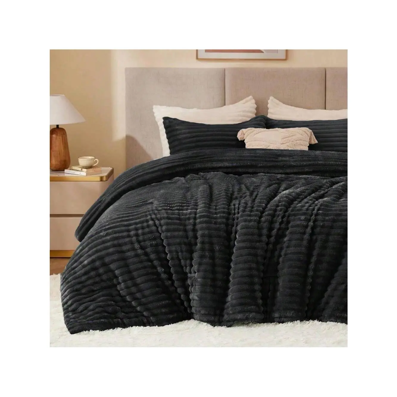 Fleece Queen Comforter Set -Super Soft & Warm Fluffy Black Bedding, Luxury Fuzzy Heavy Bed Set For Winter With 2 Pillow Cases