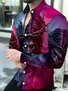 Men's Fuchsia Blue-Purple Gradient Jesus Crown of Thorns Print Breathable Lapel Long Sleeve Cardigan