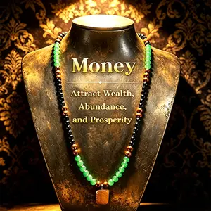 CrestJewels Wealth Necklace, crafted from natural black agate, natural Dongling jade stone, and natural tiger’s eye pendant, infused with healing crystals; suitable for anniversaries, vacations, and themed parties; a gift that suits both men and women.