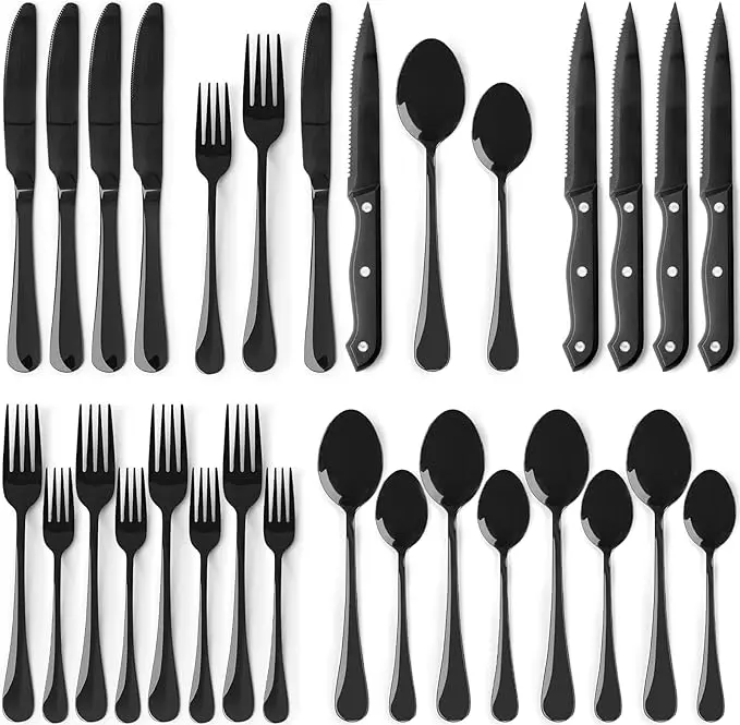 24 Pcs Black Silverware Set with Steak Knives | Stainless Steel Flatware for 4 | Mirror Polished Black Cutlery | Ergonomic Fork Spoon Knife | Hom Dining Set |  Restaurant Dining Set | Party Cutlery set