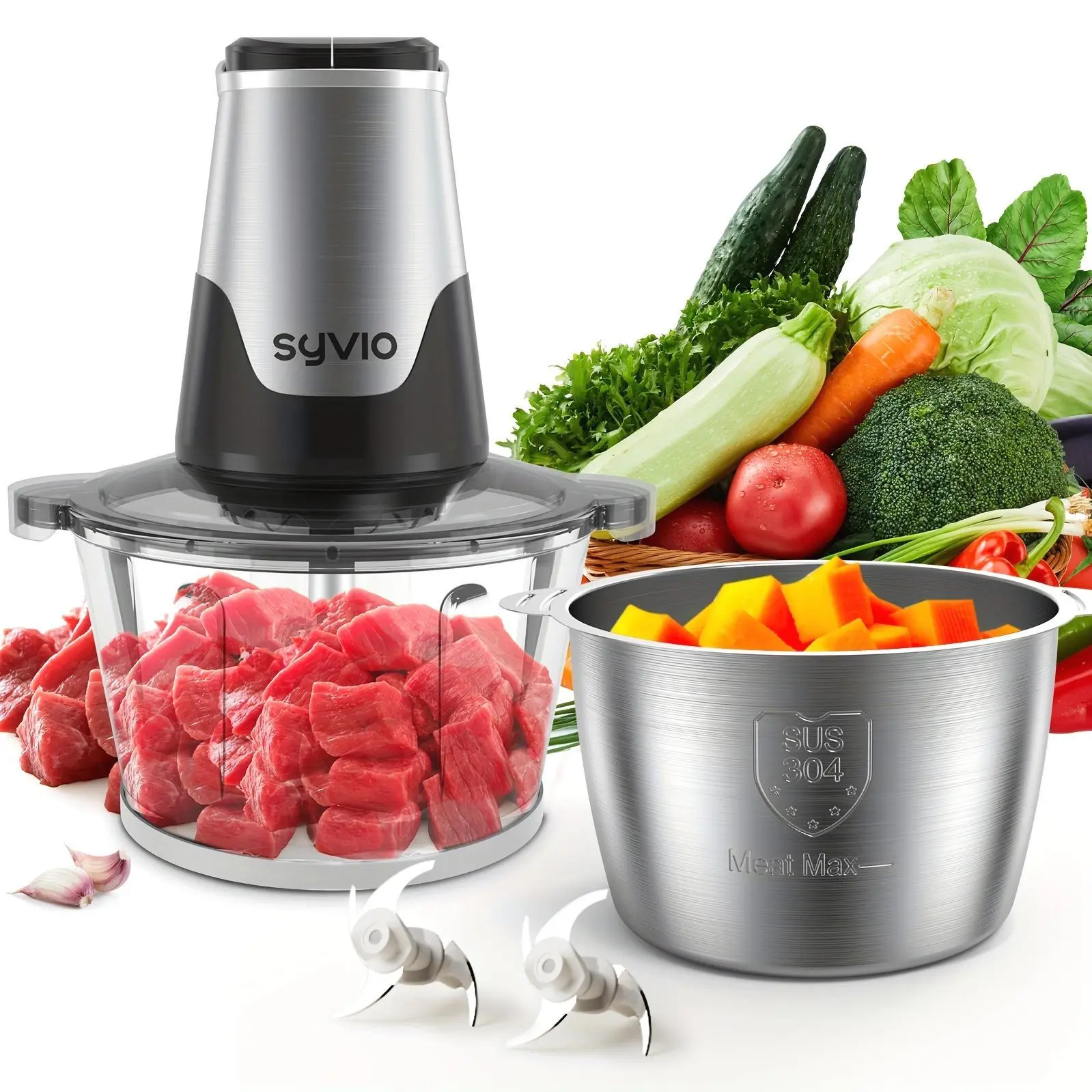 Syvio Food Processors with 2 Bowls, Meat Grinder 4 Bi-Level Blades, Mini Electric Food Chopper 450W, for Baby Food, Meat, Onion, Vegetable Chopper, 2 Speed, 8 Cup And 8 Cup, Christmas Gifts