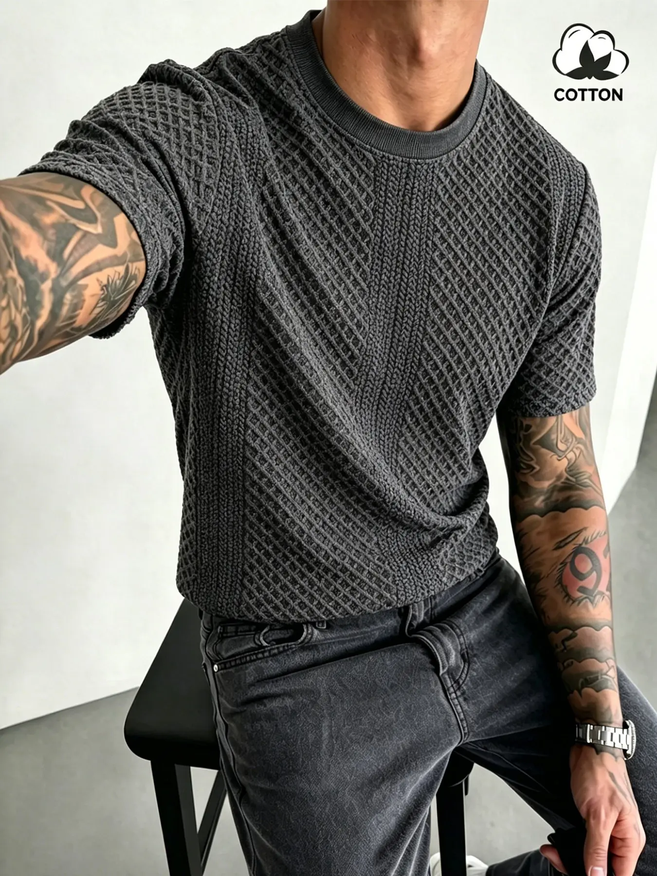 2026 New Men's High-Quality Cotton Waffle Texture Loose T-Shirt, Breathable Fabric, Fitted Round Neck, Plain, Casual, Minimalist Cleanfit, Streetwear & Daily Wear, Tops