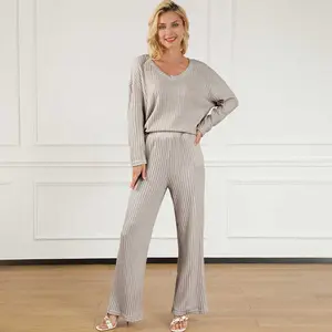 Khaki Ribbed Knit V Neck Slouchy Two-piece Outfit