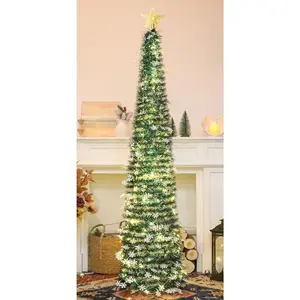 5 FT Pop Up Christmas Tree with Timer Lights, Tinsel Christmas Tree with Snowflake Ornaments, Collapsible Artificial Pencil Tree Xmas Decoration for Home, Office, Party, Easy Assembly