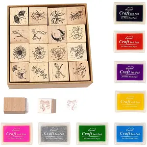 24 Pcs Rubber Stamp and Craft Ink Set 16 Pcs Wooden Rubber Stamps 8 Pcs Ink Pad for Craft DIY Card and Scrapbooking
