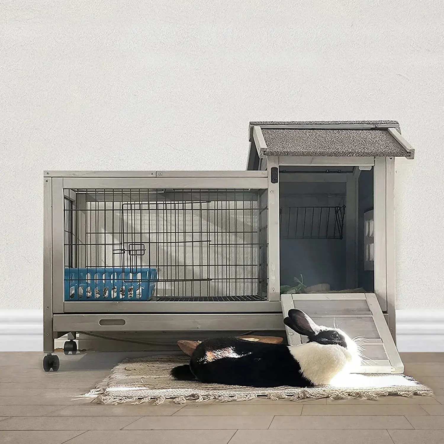 Aivituvin-AIR24 Rabbit Hutch with Leakproof Deep Pull-Out Tray - Mesh Small Animal Habitat, Bunny Cage, Rabbit Playpen with Lockable Wheels, 2 Front Doors, Top & Side Views (Inner Space 4.84ft², Stands on Mesh)