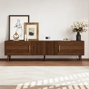 70.8*15.7*18.9 Inch Walnut Mid Century TV Stand MDF Board Solid Wood Legs Supports Up to 80 Inch TV 2 Cabinets 2 Drawers Dual Cable Holes 100LBS Capacity Retro Media Console for Living Room