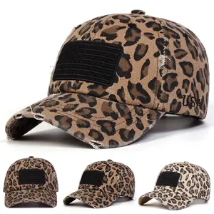 Distressed Leopard Print Baseball Cap with US Flag Patch Vintage Washed Dad Hat for Men & Women, Streetwear & Y2K Style