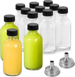 12 Pack 2 oz Small Clear Glass Bottles with  & 2 Funnels - 60ml Boston Round Sample Bottles for Potion, Juice, Ginger Shots, Oils, , Wellness Shots, Mini Travel Bottles