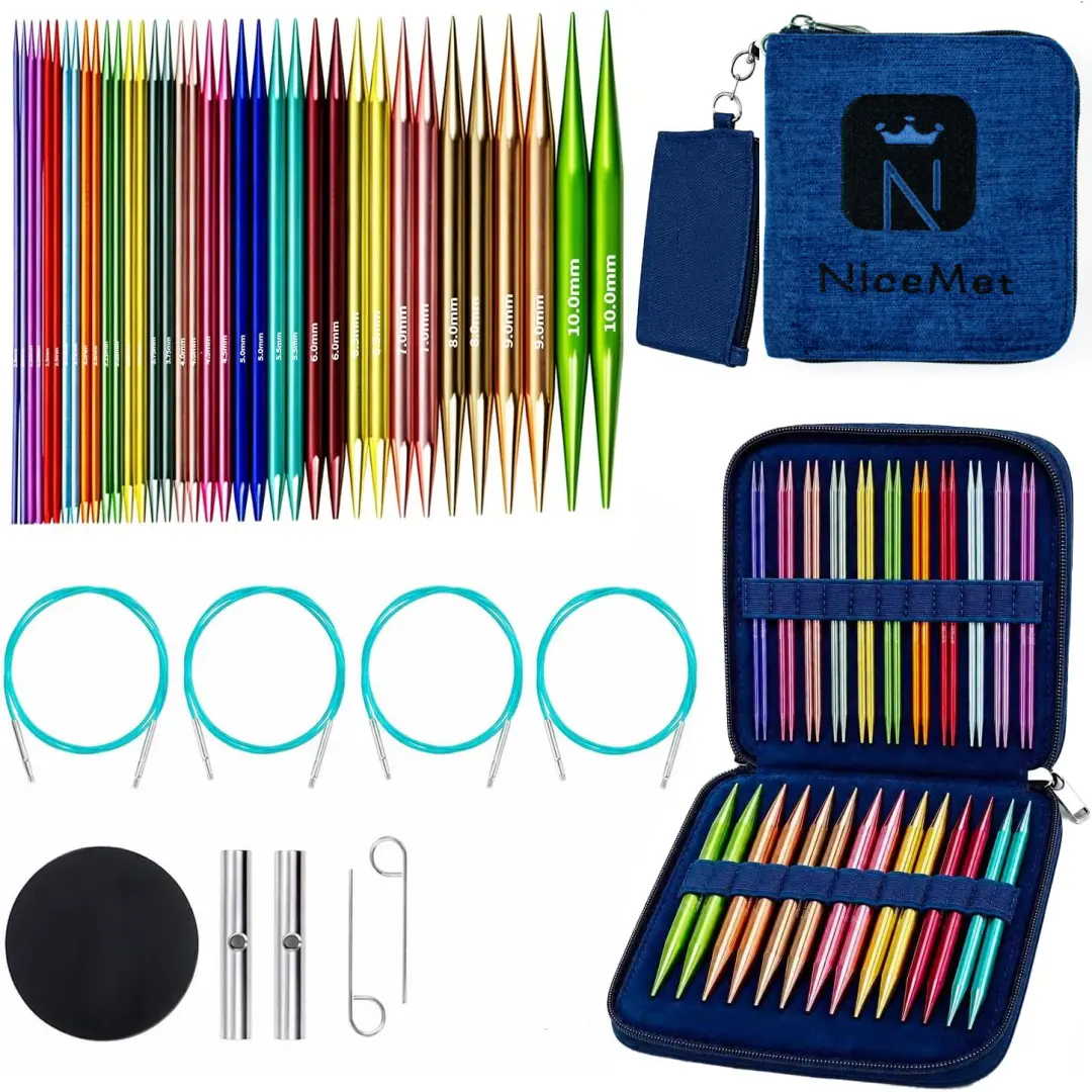 Aluminum Interchangeable Circular Knitting Needles Set (18 Pairs, US Sizes 0-15) with 4 Free-Memory Swivel Cables and Storage Case