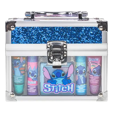Stitch Mini Train Case Makeup Products with Glossy Lip Tube, Balm, Compact - Cute Girly Gifts for Children's Parties, Sleepovers