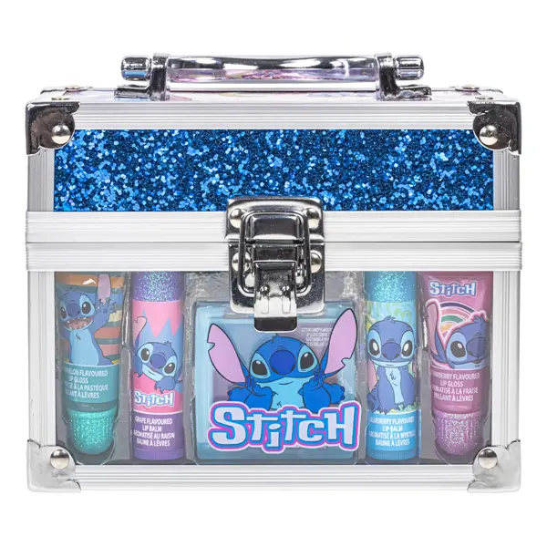 Townley Girl Disney Stitch Gentle Cosmetic Mini Train Case Gift Set - Includes Glossy Lip Tube, Balm, Compact for Girls' Parties, Sleepovers (Lip Cosmetic Set)