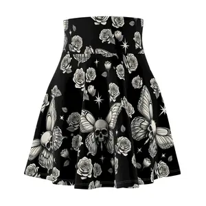 Gothic Skulls Skater Skirt, Moth and Rose Print, Black Grey Women's Mini, Alternative Fashion Clothing, Halloween Costume, Spooky Goth