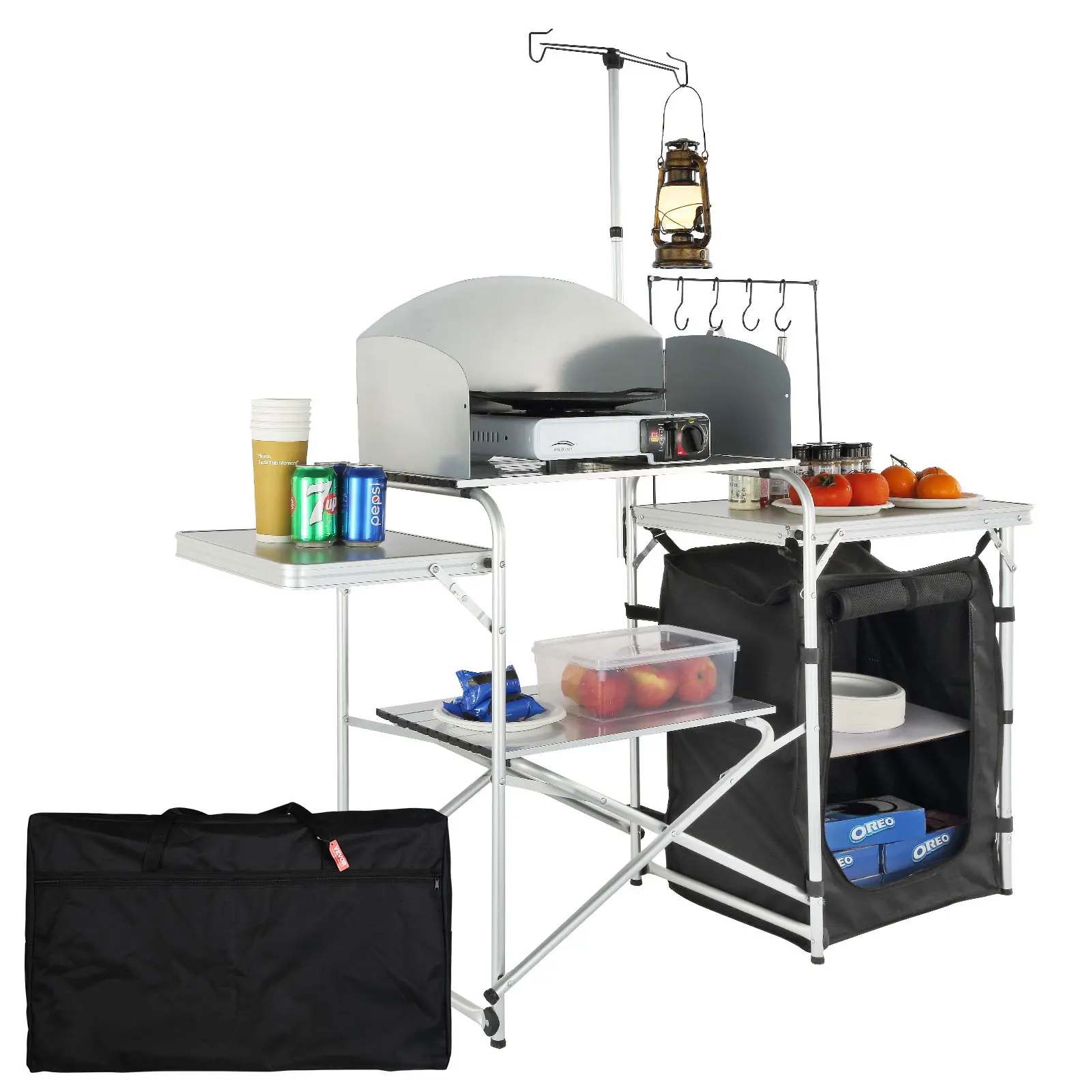 【summerfinds】VEVOR Folding Aluminum Camping Kitchen Table, Portable Cook Station with Windscreen, Zippered Cupboard & Carry Bag, Quick Set-Up for Outdoor BBQ, RV Travel, Camping Supplies